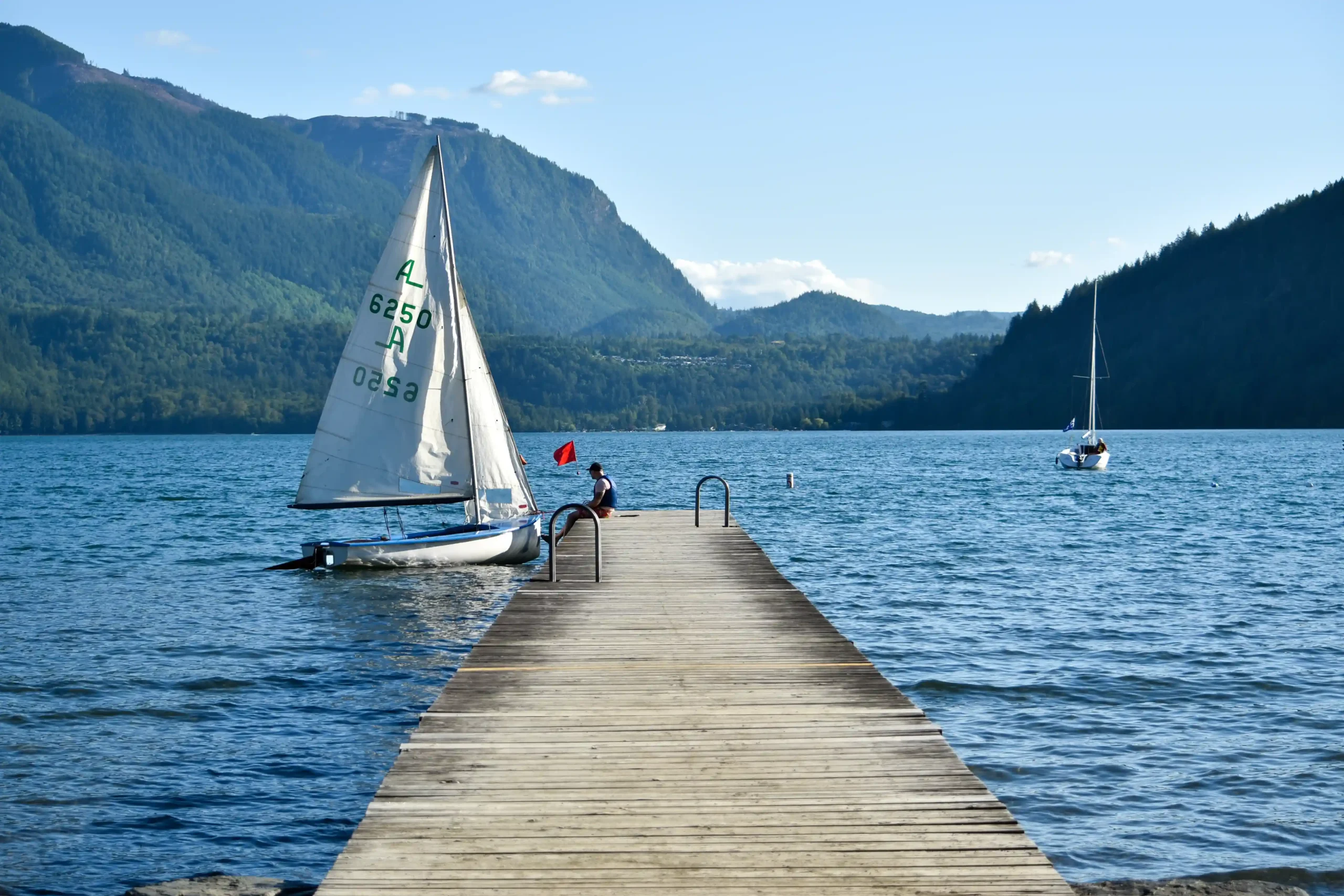 Sailboat dock at Cultus Lake with mountain landscape and calm water in British Columbia